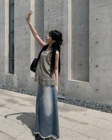 Haul Damage Washing Denim Long Skirt